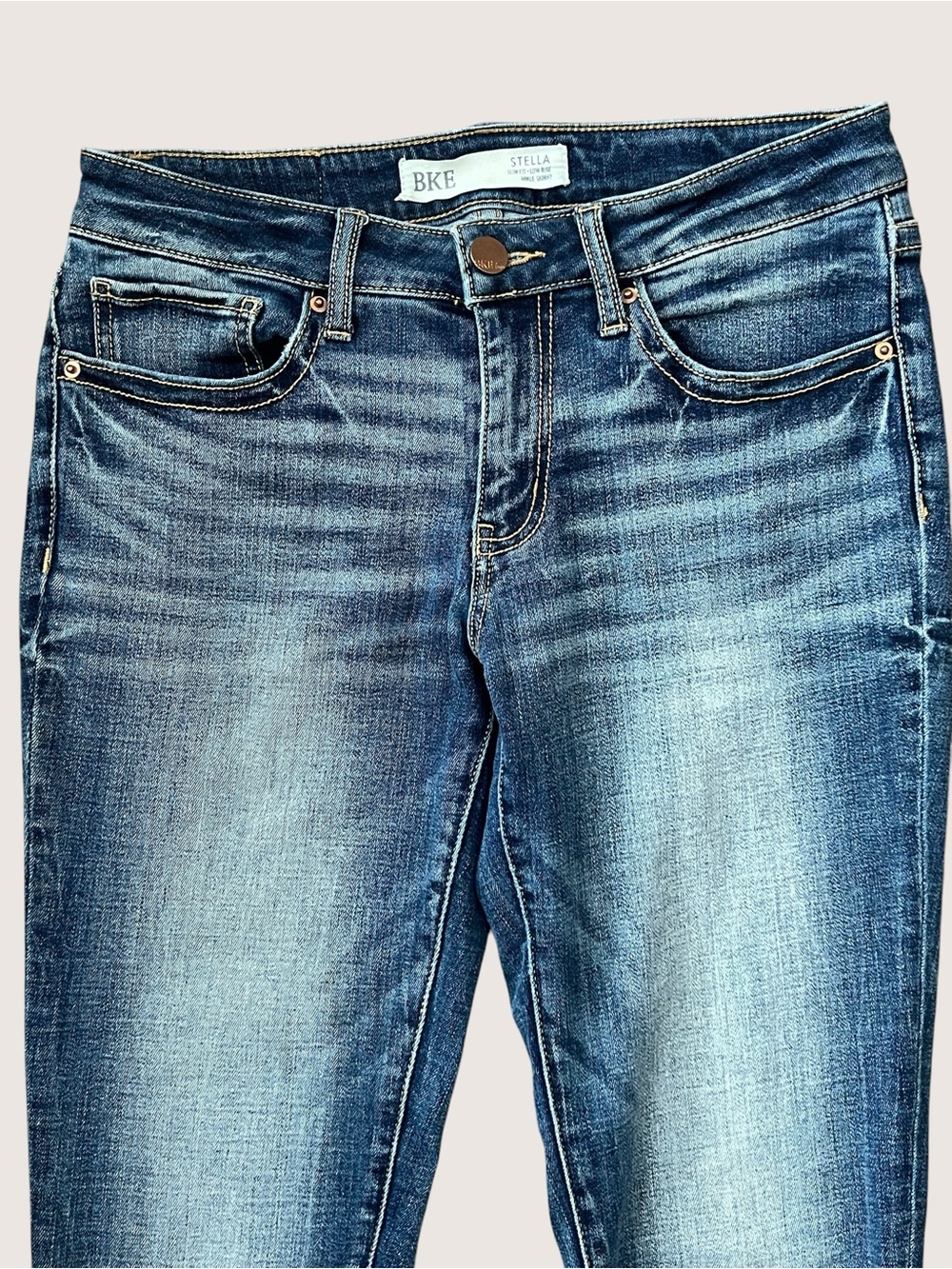 BKE Stella Low Rise Dark Blue Skinny Ankle Jeans with Distressed Hem - Picture 3 of 14